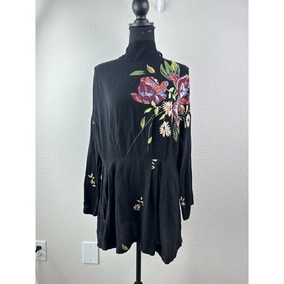 Free People Gemma Black Embroidered Floral Tie Open Back Tunic Mini Dress Sz M - Picture 4 of 8